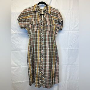 Uncle Frank Brown Plaid Button-Front Midi Dress with Yellow Stripes